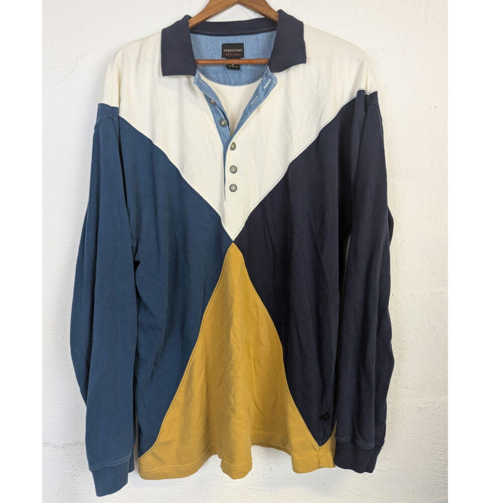 Vtg 90s Structure Rugby Shirt Colorblock Long Sleeve Polo Blue Retro Mens Medium